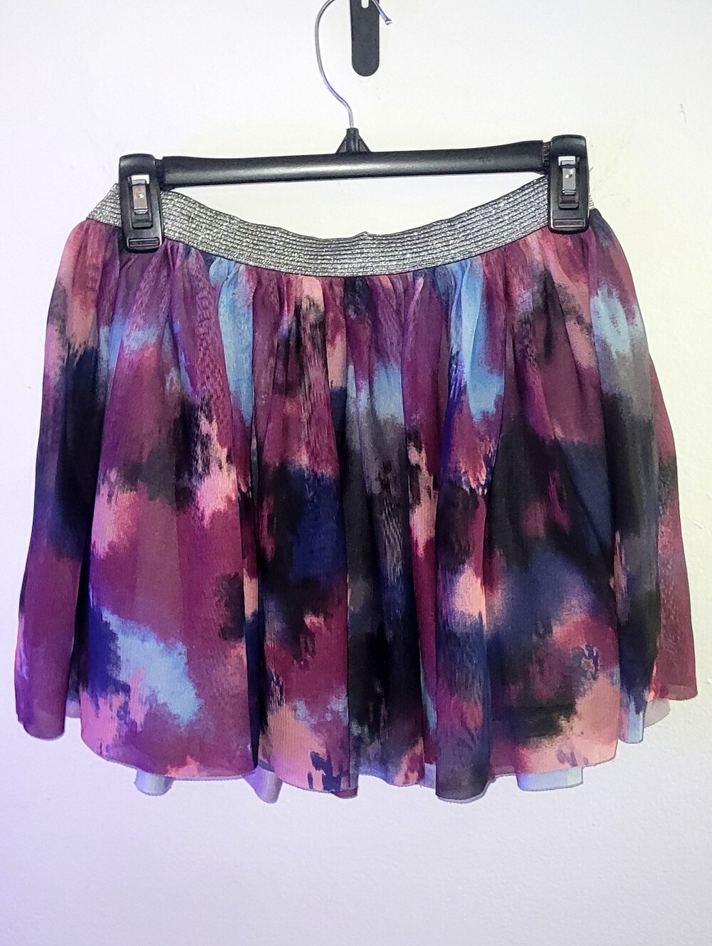 Xhilaration Purple and Blue Watercolor Skater Skirt with Silver Waistband